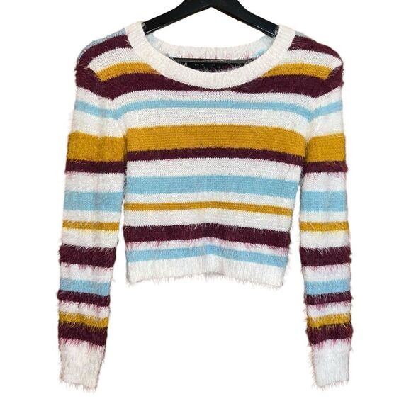 Love Tree Cropped Striped Sweater‎ Womens M Gold Blue Cream Eyelash - Picture 1 of 10